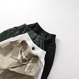 Kids cotton casual shorts in deep green black white and khaki with elastic waist