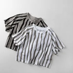 Kinder Baumwolle Gestreiftes Kurzarm T-Shirt Rundhalsausschnitt Weich Atmungsaktiv Sommer Top Für Kleinkinder Casual Tee