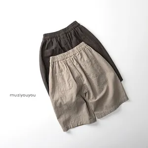 Pantalon décontracté enfant en coton marron et beige avec taille élastique et poches