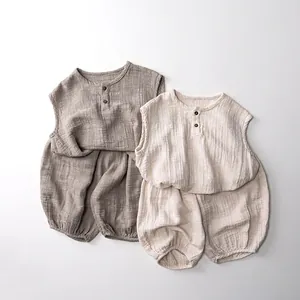 Linen cotton sleeveless toddler vest and bloomers set in neutral grey and cream beige