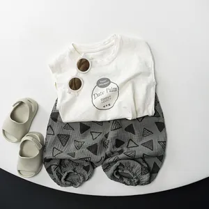 Flat lay of cotton children t-shirt with date palm print and patterned grey shorts