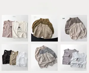 Collage de vêtements pour enfants en ramie montrant des shorts en lin et des t-shirts