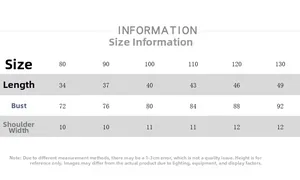 Size chart for kids cotton tank top showing length and chest measurements for sizes 80-130
