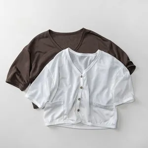 Close-up of lightweight breathable knit texture with wooden buttons and front pockets