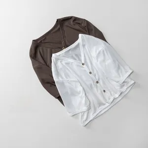 Close-up of lightweight V-neck children's cardigans in white and dark brown colors