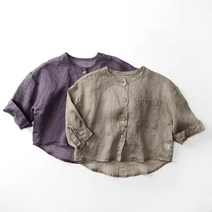 Vêtements de Protection Solaire en Ramie pour Enfants Cardigan Manches Longues Style Forêt Col Rond Boutons en Bois Tops Garçons Filles
