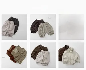 Professional six-grid display of kids' cotton cargo vests and shorts in earthy tones