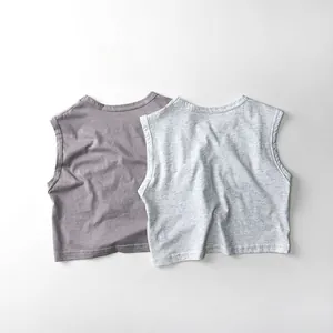Detail view of two cotton knit sleeveless vests in purple-gray and light mottled gray