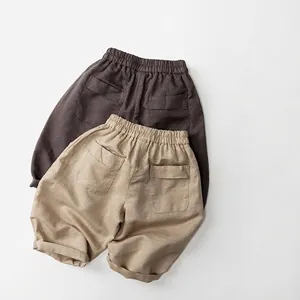 Pantalon d'été enfant en lin respirant marron et kaki avec taille élastiquée