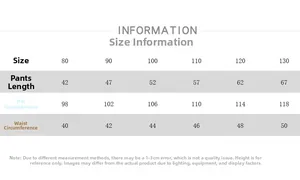 Size chart detail for children's cotton wide-leg pants showing length and waist measurements