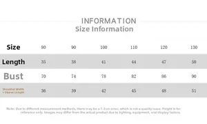 Detailed size chart for kids' t-shirt showing length, chest, and sleeve measurements