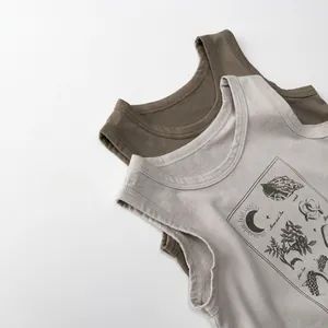 Gilets sans manches en coton pour enfants vert olive et gris clair à motifs nature