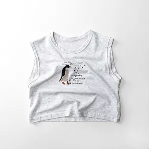 Detailed view of kids grey cotton tank top featuring colorful penguin graphic and text