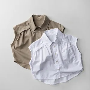 Chemise en Coton Sans Manches pour Enfants Été Décontracté Couleur Unie Revers Boutonné Haut Gilet pour Garçons Filles Style Coréen