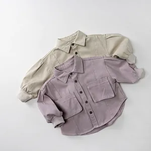 Veste Chemise en Coton à Manches Longues pour Enfants Style Cargo Coréen Couleur Unie avec Poignets Nervurés et Poches