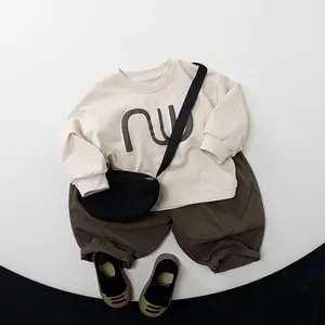 Minimalist kids cotton long sleeve sweatshirt and brown wide leg pants casual set