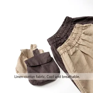 Pantalon d'été respirant en coton et lin pour enfants en marron foncé et kaki