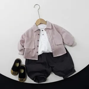 Minimalist kids wide leg cotton pants with casual jacket and sneakers in Japanese style