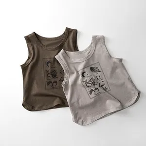 Gilet sans Manches Enfant T-Shirt 100% Coton Style Mori Coréen Imprimé Lune Champignon Rétro Col Rond Hauts Décontractés Été