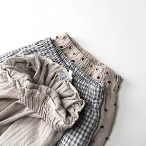 Kids breathable cotton linen shorts in beige, gingham check, and polka dot styles