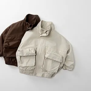 Kids Cotton Cargo Jacket Korean Style Stand Collar Long Sleeve Windproof Workwear Coat For Boys Girls Casual Autumn Outerwear
