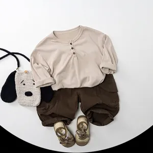Beige cotton Henley long sleeve shirt and brown cargo pants outfit set for children