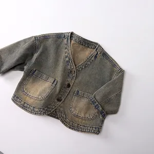 Kids Vintage Washed Denim Jacket Korean Style V-Neck Single Breasted Coat Cotton Blend Outerwear For Boys Girls