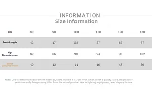 Size chart for children's cargo pants showing length, waist and hip measurements