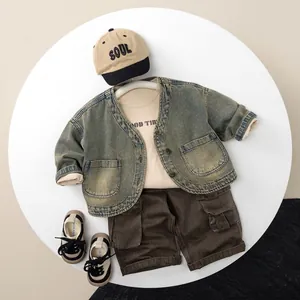 Kids vintage denim jacket outfit with beige T-shirt and brown cargo shorts set