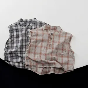 Kids Sleeveless Plaid Shirt Cotton Breathable Lapel Top For Boys And Girls Summer Casual Korean Style Plaid Tank Top Vest