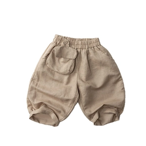 Pantalon en lin pour enfants couleur kaki avec taille élastique et grande poche