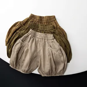 Pantalon Citrouille en Ramie pour Enfants Short Lanterne Ample Respirant Couleur Unie Été pour Garçons Filles Style Coréen