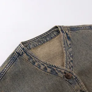 Vintage wash blue denim V-neck jacket for kids featuring retro buttons and premium stitching