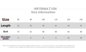 Detailed size chart for kids retro autumn vest with measurements for height 80cm to 130cm