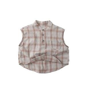 Kids sleeveless plaid shirt in light grey and orange with stand collar and pocket