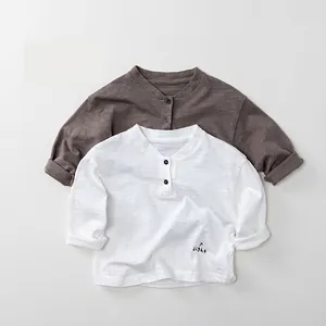 Kinder Slub Baumwolle Langarm T-Shirt Lässig Henley-Ausschnitt Buchstaben Druck Unterhemd Top Für Jungen Mädchen Weich Kleidung