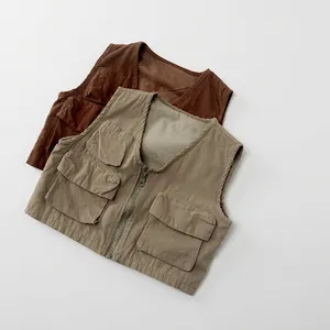 Kids Utility Vest Multi Pocket Cotton Canvas Waistcoat For Boys Girls Vintage Korean Style Sleeveless Zipper Outerwear