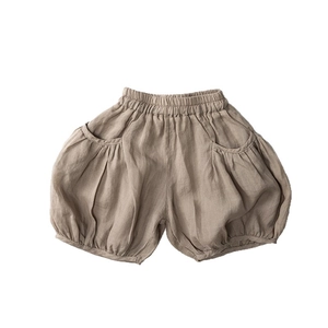 Short bouffant enfant en ramie coton marron avec taille élastique et grandes poches