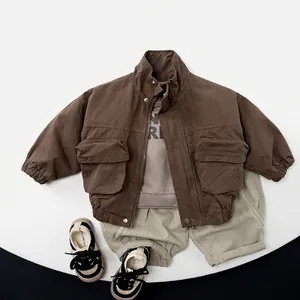 Kids vintage brown cargo jacket set with grey sweatshirt and casual trousers