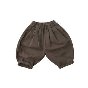 Kids vintage loose cotton wide-leg pants in dark coffee with elastic waist and side pockets
