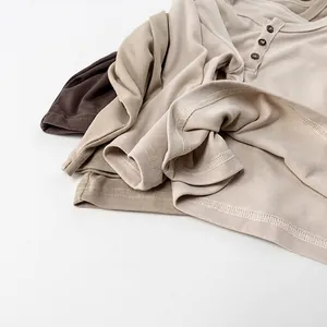 Kids long sleeve cotton shirts with henley buttons and ribbed texture in earth tones