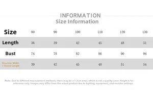 Size guide table for children knitted jacket with measurements for length and chest size
