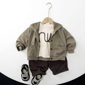 Casual khaki grey hooded knit jacket with matching pants set for kids autumn collection