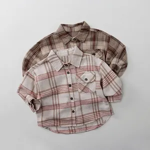 Chemise Décontractée en Coton à Carreaux pour Enfants Style Coréen Col à Revers Haut à Manches Longues pour Garçons et Filles