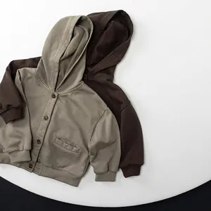 Toddler Kids Cotton Knit Hooded Cardigan Jacket Solid Color Casual Single Breasted Outerwear For Boys Girls Autumn Coat