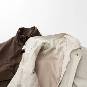 Kids long sleeve cargo jackets in dark brown and beige with stand collar and snap buttons
