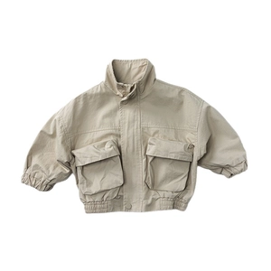 Kids khaki cotton cargo jacket with stand collar and large pockets for outdoor style