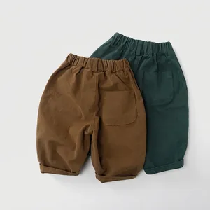 Pantalon décontracté en coton pour enfants, marron et vert foncé, avec taille élastique