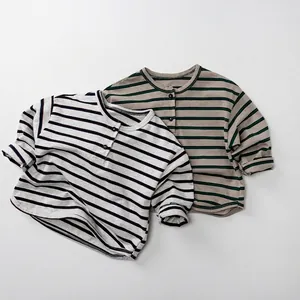 Kids Striped Cotton Long Sleeve T-Shirt Henley Neck Top For Baby Boys Girls Casual Soft Korean Style Striped Undershirt