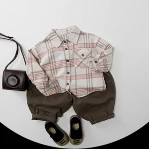 Ensemble chemise à carreaux en coton à manches longues et pantalon marron enfant